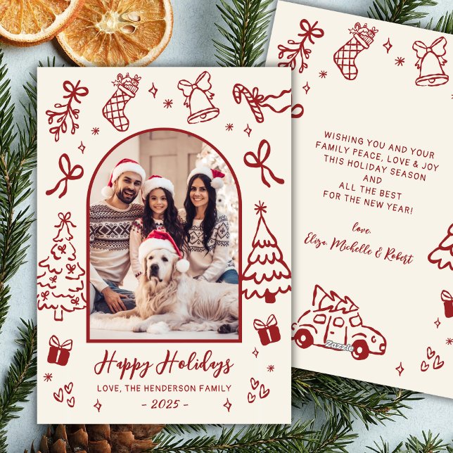 Tarjeta Festiva Red Hand-Drawn Doodle Arch Photo Christmas Happy (Subido por el creador)