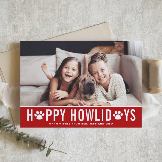 Tarjeta Festiva Red Happy Howlidays Modern Typography Dog Photo (Subido por el creador)