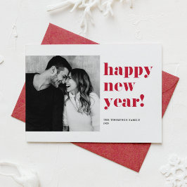 Tarjeta Festiva Red Happy New Year 2025 Bold Typography Photo