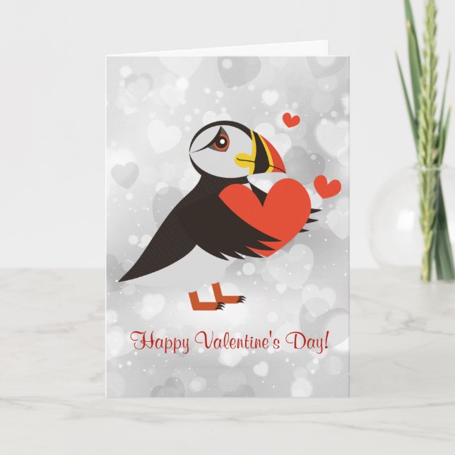 Tarjeta Festiva Red Heart Puffin Love Design Valentine Card (Anverso)