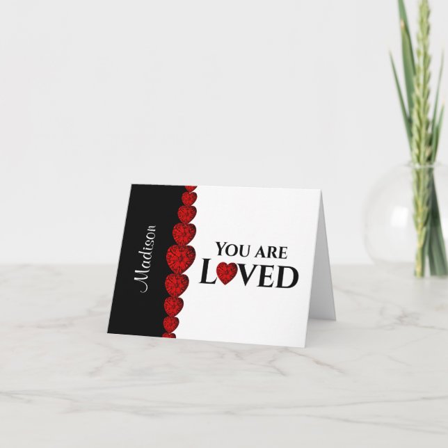 Tarjeta Festiva Red Hearts Name Valentine Folded Holiday Card (Anverso)