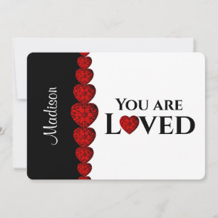 Tarjeta Festiva Red Hearts Name You are Loved Flat Holiday Card
