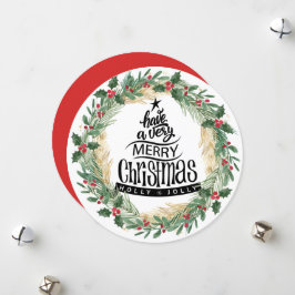 Tarjeta Festiva Red Holly Berries Fun Script Greenery Navidades