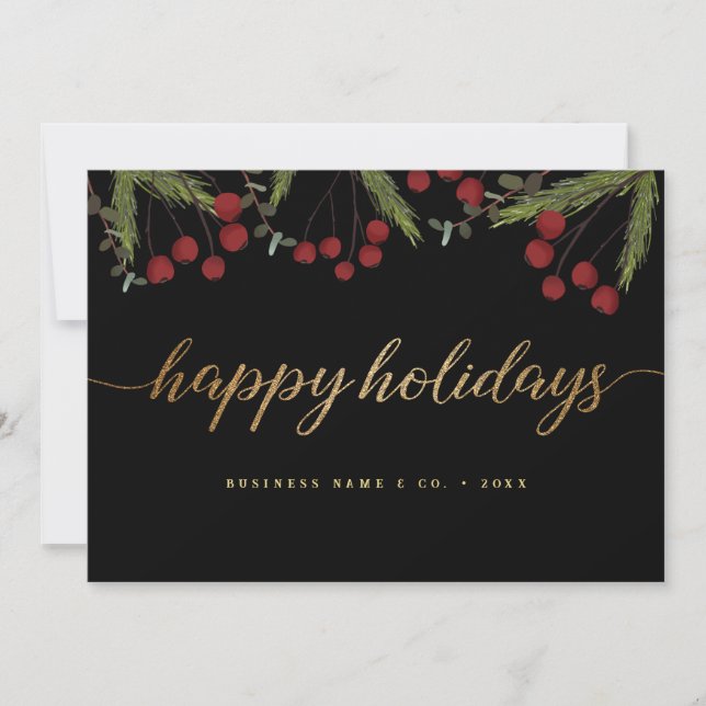 Tarjeta Festiva Red Holly Black & Gold Corporate Happy Holidays (Anverso)