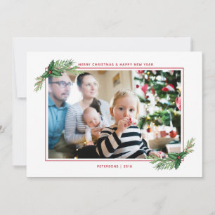 Tarjeta Festiva Red Holly Bouquet Merry Christmas Family Photo