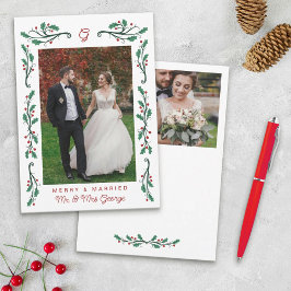 Tarjeta Festiva Red Holly Frame Merry & Married Christmas Photos
