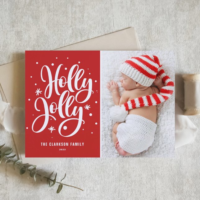 Tarjeta Festiva Red Holly Jolly Hand Letter Baby Photo (Subido por el creador)