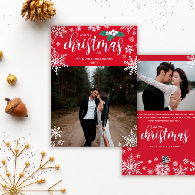 Tarjeta Festiva Red Holly Snowflakes Navidades de primera  casados (Subido por el creador)