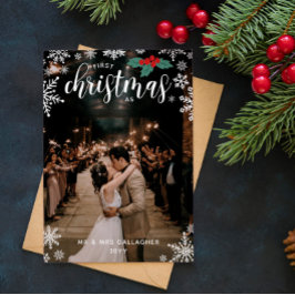 Tarjeta Festiva Red Holly Snowflakes Primer Boda de Navidades