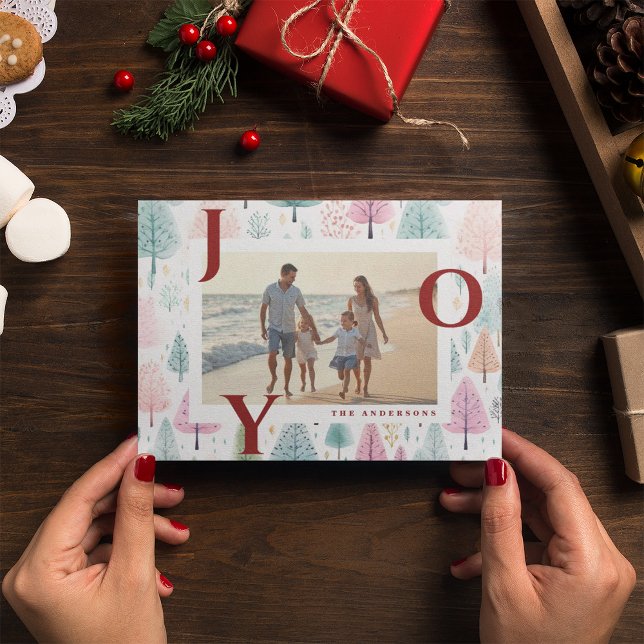 Tarjeta Festiva Red Joy Pastel Christmas Trees Photo Holiday Card (Subido por el creador)