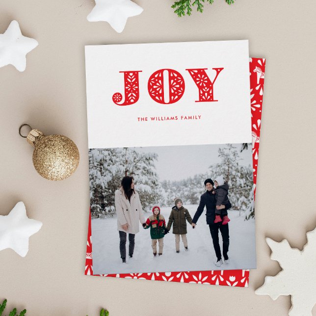 Tarjeta Festiva Red Joy Sueca Dala Horse Photo Holiday Card (simple scandi style red JOY Christmas holiday photo card with one photo and patterned backer)