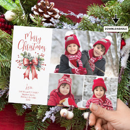 Tarjeta Festiva Red Merry Christmas 3 Fotos Script Holly Bow