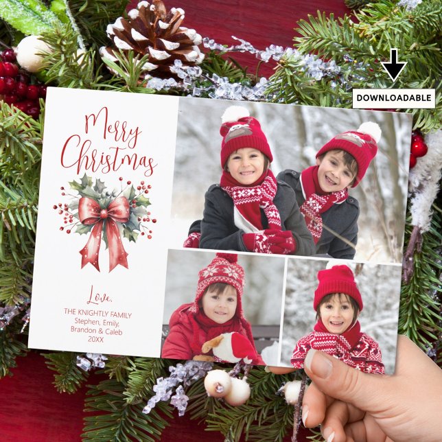 Tarjeta Festiva Red Merry Christmas 3 Fotos Script Holly Bow (Subido por el creador)