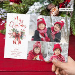 Tarjeta Festiva Red Merry Christmas 3 Fotos Script Holly Bow<br><div class="desc">Envíe saludos MERRY CHRISTMAS esta temporada navideña con una tarjeta de felicitación fotográfica con 3 fotos y una tipografía moderna de guion de caligrafía roja de moda para el saludo acentuado con un arco rojo de color de agua y holly. ASISTENCIA: Para obtener ayuda con la modificación o personalización del...</div>