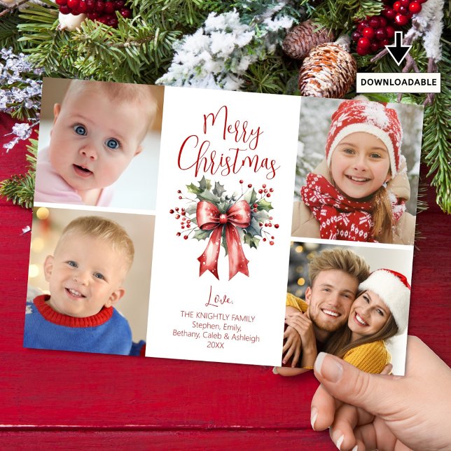Tarjeta Festiva Red Merry Christmas 4 Photo Script Bow Holly (Subido por el creador)
