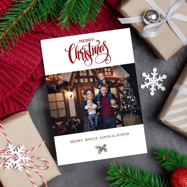 Tarjeta Festiva Red Merry Christmas Calligraphy Typography Photo (Subido por el creador)