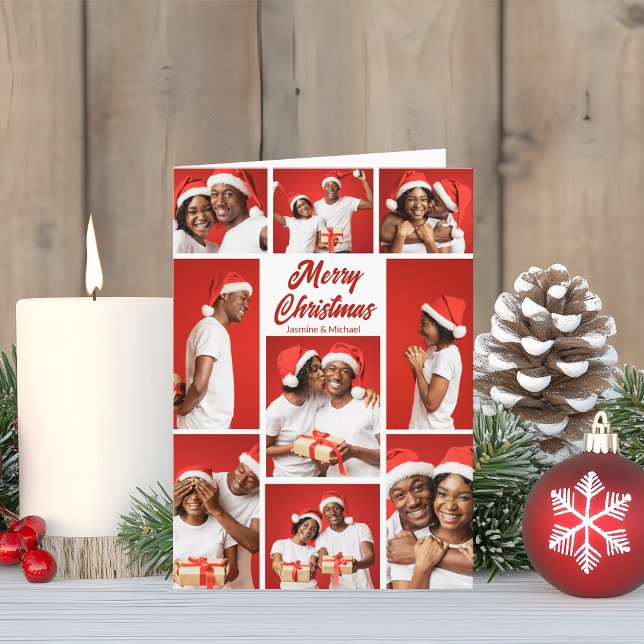 Tarjeta Festiva Red Merry Christmas Couple Photo Collage 2025 (Subido por el creador)