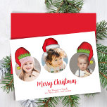 Tarjeta Festiva Red Merry Christmas Photo Santa Hats<br><div class="desc">Captura la alegría de la temporada con nuestra tarjeta de vacaciones de collage de fotos de Feliz Navidad, con tres de tus recuerdos favoritos. Este diseño sencillo pero lindo resalta la tipografía roja festiva en un guión de broche juguetón, adornado con gorras de Santa Claus para un toque extra divertido...</div>