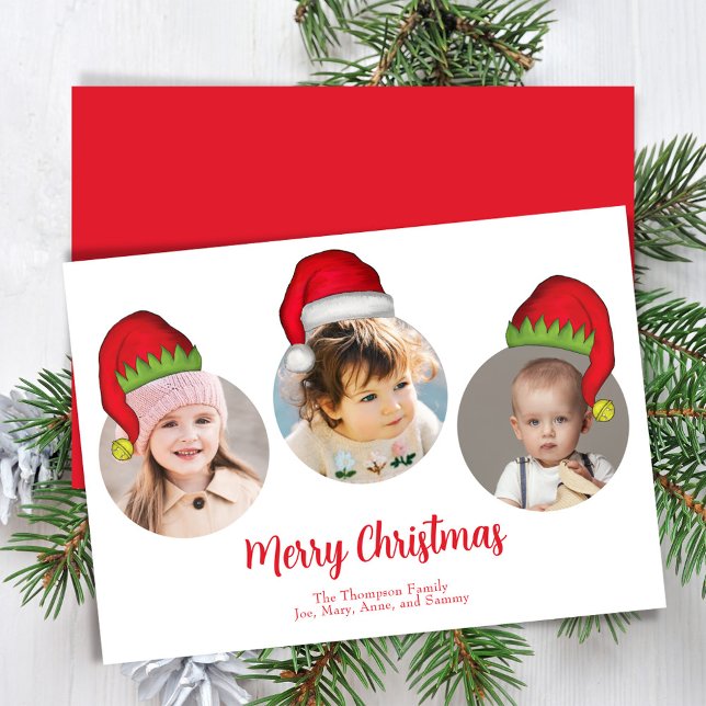 Tarjeta Festiva Red Merry Christmas Photo Santa Hats (Merry Christmas holiday photo collage template. )