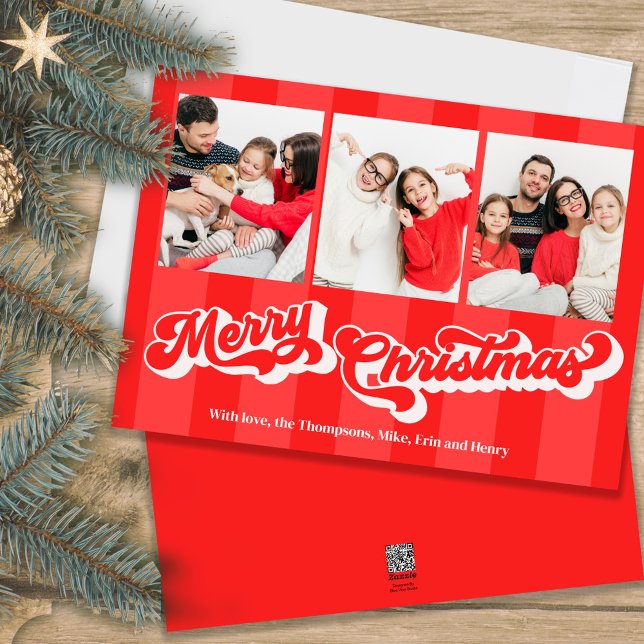Tarjeta Festiva Red Merry Christmas Retro Collage de fotos (Merry Christmas retro style typography photo cards.)