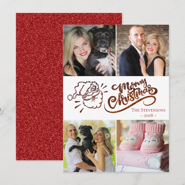 Tarjeta Festiva Red Merry Christmas Santa Modern 4 Collage de foto (Anverso / Reverso)