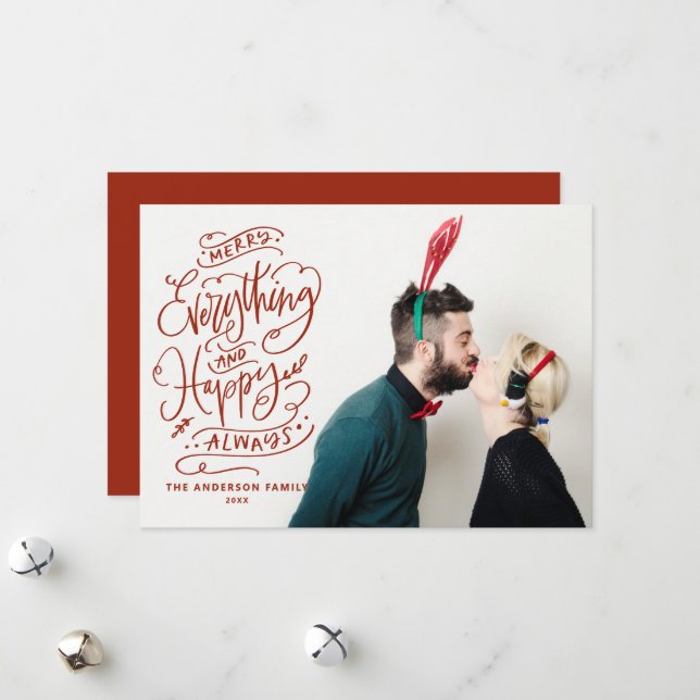Tarjeta Festiva Red Merry Everything and Happy Always Photo (Anverso/Reverso In Situ)