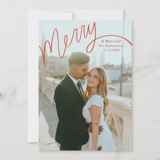 Tarjeta Festiva Red Merry Hand Lettering Wedding Photo (Anverso)