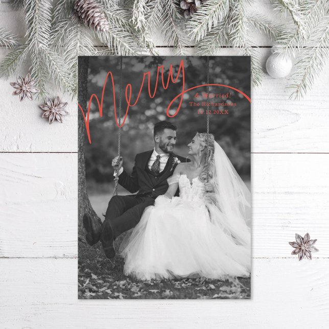 Tarjeta Festiva Red Merry Hand Lettering Wedding Photo (Subido por el creador)