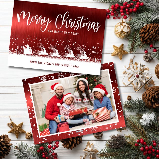 Tarjeta Festiva Red Metallic Santa Sleigh Christmas Photo (Red Metallic Santa Sleigh Christmas Photo Card )