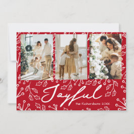 Tarjeta Festiva Red Mistletoe Doodles 3 Photos Joyful