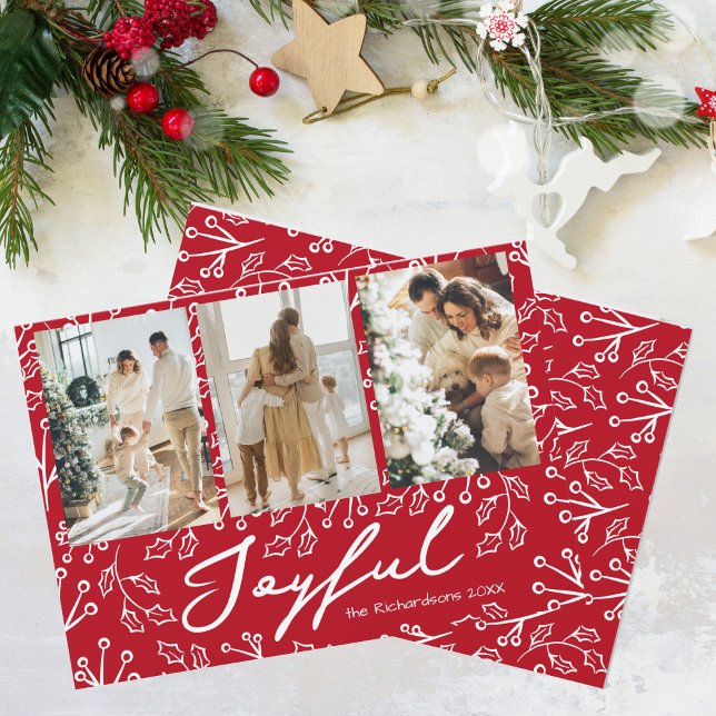 Tarjeta Festiva Red Mistletoe Doodles 3 Photos Joyful  (Subido por el creador)