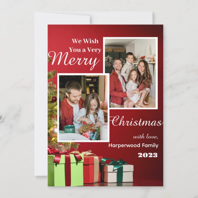 Tarjeta Festiva Red Moderna Elegante Familia Feliz Fotos de Navida (Anverso)