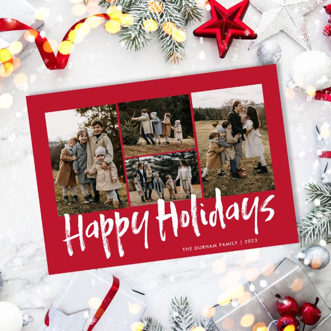 Tarjeta Festiva Red Moderna Lettering Four Photo Happy (Subido por el creador)
