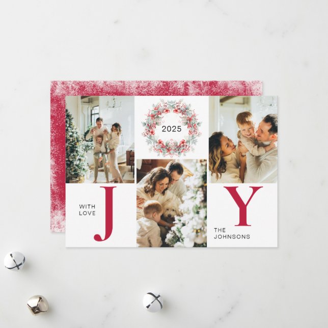 Tarjeta Festiva Red Moderno Holly Berries 3 Navidades de Alegría F (Anverso/Reverso In Situ)