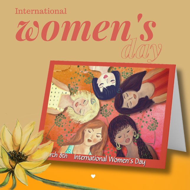 Tarjeta Festiva Red Naranja de Arte del Día Internacional de la Mu (International Women's Day Art Orange Red Holiday Card)