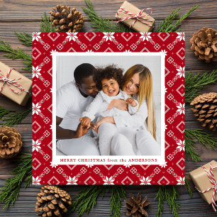 Tarjeta Festiva Red Nordic Snowflake Pattern Photo