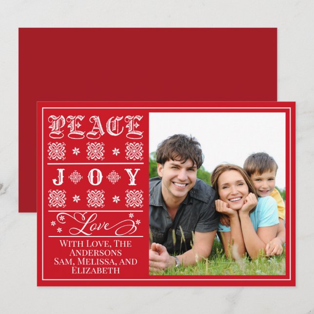 Tarjeta Festiva Red One Photo Peace, Joy and Love Navidades (Anverso / Reverso)