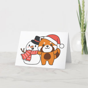 Tarjeta Festiva Red Panda With Snowman In Winter For Christmas Hol