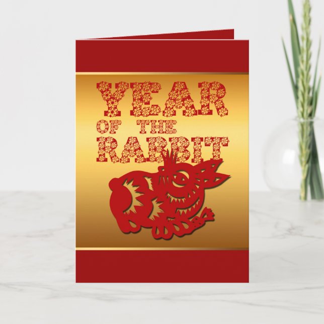 Tarjeta Festiva Red Papercut Floral Rabbit Year Zodiac Greet (Anverso)