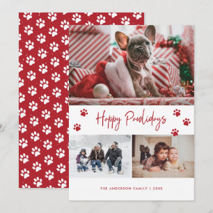 Tarjeta Festiva Red Paw Print 3 Collage de fotos Happy Pawlidays M