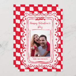 Tarjeta Festiva Red Pink Hand Drawn Bow Frame Photo Valentines Day