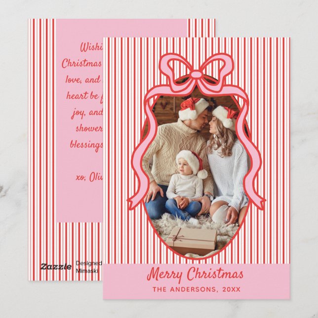 Tarjeta Festiva Red Pink Stripes & Bow Frame Christmas Photo (Anverso / Reverso)