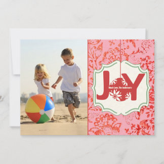 Tarjeta Festiva Red Pink Vintage Floral Joy Christmas Photo