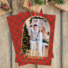 Tarjeta Festiva Red Plaid Arch Photo Merry Christmas Card