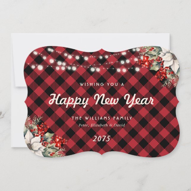 Tarjeta Festiva Red Plaid Botanical String Lights New Year Card (Anverso)