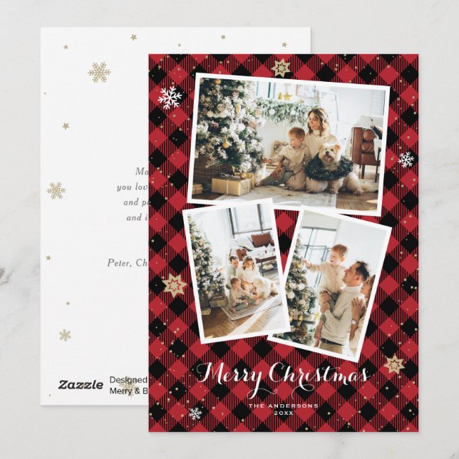 Tarjeta Festiva Red Plaid Collage de fotos Merry Christmas Cards (Anverso / Reverso)