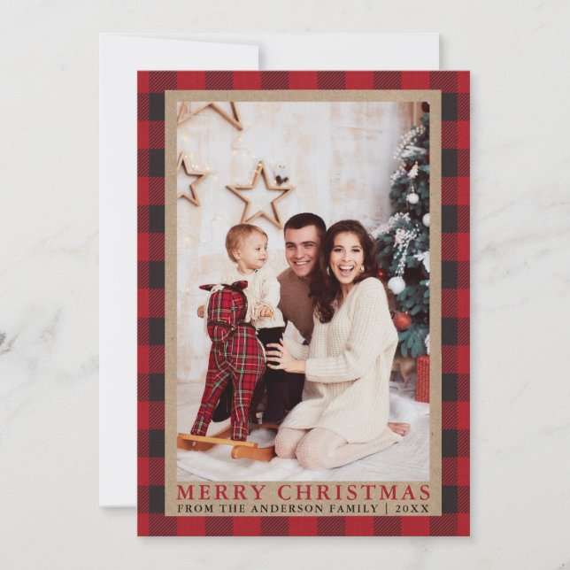 Tarjeta Festiva Red Plaid Family Photo Merry Christmas Kraft (Anverso)