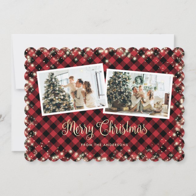 Tarjeta Festiva Red Plaid Gold Snow Merry Christmas Photo (Anverso)