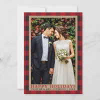 Red Plaid Happy Holidays Boda Photo Kraft