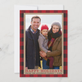 Tarjeta Festiva Red Plaid Happy Holidays Family Photo Kraft